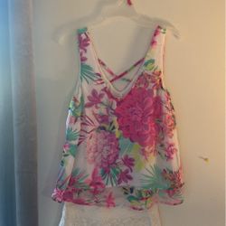 2 Pieces  Colorful Flower Shirt With White Skirt Size Small