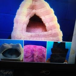 DOG CAT PYRAMID BED PINK$15- GREY $15- CARPET $5- BACK PACK CARRIER $10