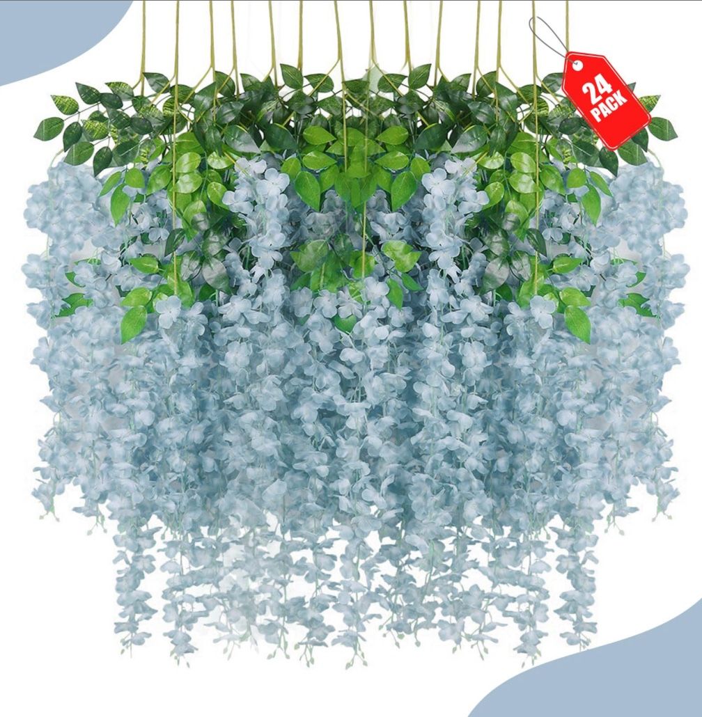 ZEBMOON 24 Pack Grey Wisteria Hanging Flowers, 3.77 Ft Fake Hanging Flowers, Artificial Wisteria Garland Vines For Wedding Room Backdrop Outdoor Patio