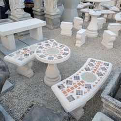 Concrete Mosaic Cocktail Table with 2 Benches/ Outdoor Patio Furniture