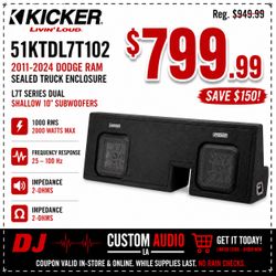 Kicker 51KTDL7T102 Dodge Ram Truck Box Solo-Baric L7 2 x 10" Dual Voice Coil Subwoofers L7T10 2000 Watts KTDL7T10 🚨 No Credit Needed 🚨