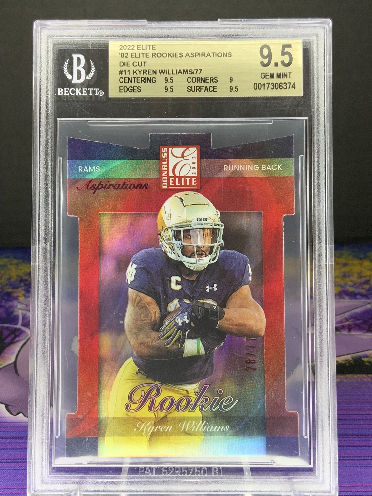 2022 Donruss Elite Kyren Williams 02’ Elite Rookies Aspirations Red Die Cut /77 BGS 9.5