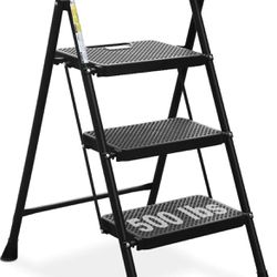  3 Step Ladder, Folding Step Stool with Wide Anti-Slip Pedal, 500lbs Sturdy Steel Ladder, Convenient Handgrip, Lightweight, Portable Steel Step Stool,