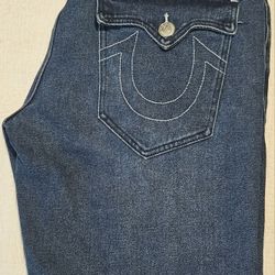 True Religion Ricky Men Size 34 Relax Straight Flap Blue Denim Shorts - 108395