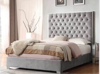 NEW IN ORIGINAL PACKAGING |  Upholstered Cal King  Headboard  |  Grey Velvet Like Material