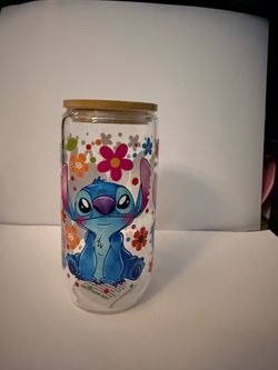 Disney Stitch Glass Can Cup with Bamboo Lid