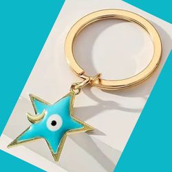 Alloy Aqua Blue Star with Eye on Gold Ring Key Chain
