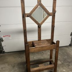 Vintage Solid Wood Hall Tree With Umbrella Holders 