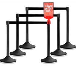 10 ft Crowd Control Stanchion Set, Crowd Control Barrier, Stanchions with Retractable Belts & Base, (6 Pack) (Black)