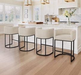 27" H Counter Height Bar Stools Set of 4, Modern Barrel Counter Stools with Backrest and Arms, Black Metal Frames, Linen Fabric Upholstered Accent Bar