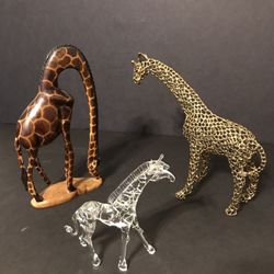 Very Unique Metal, Glass & Hand Carved Wooden Giraffe Figurines Decor Set Of 3