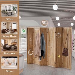 6 Panel Pegboard Room Divider 5.6Ft Wooden Pegboard Display Stand, Folding Privacy Screen, Wall Divider f Natural E-28