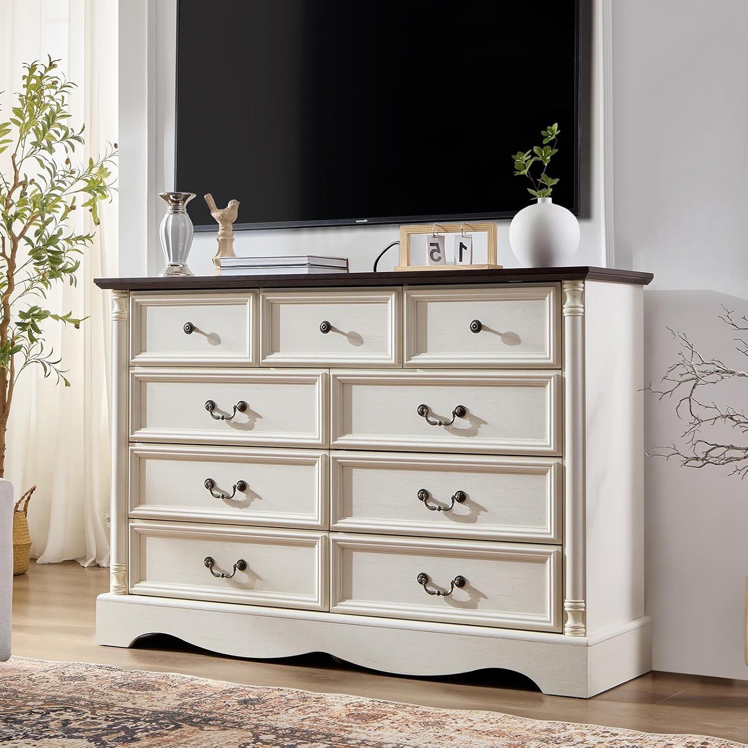 9 Drawers Dresser, 54" Wide Farmhouse Chest of Drawers with Charging Station, Distressed Finish Design