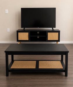 Black & Rattan TV Stand + Coffee Table Set – Great Condition