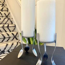 Pair of Silver Fork & Spoon Candleholders 