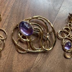 Vintage AVON Brooch & Earring Set Golden Web Purple Glass Cabochon Gold Tone