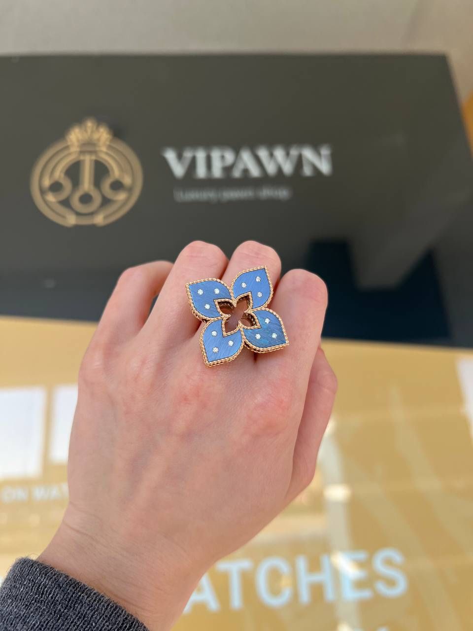 Roberto Coin 18K Rose Gold Blue Titanium Flower Ring with Diamonds - Main Image