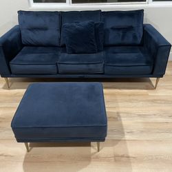 Complete Sofa Set Blue Velvet 82’ Fabric Sofa, Ottoman And single Matching Chair