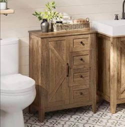 Rustic Farmhouse Bathroom Cabinet | Barn Door | 4 Drawers | Walnut