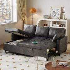 Sleeper Sofa Couch with Pullout Bed, 83.5" Convertible L-Shaped Sofa with Storage Chaise, USB Ports & Cup Holders, Faux Leather Sectional for Living R