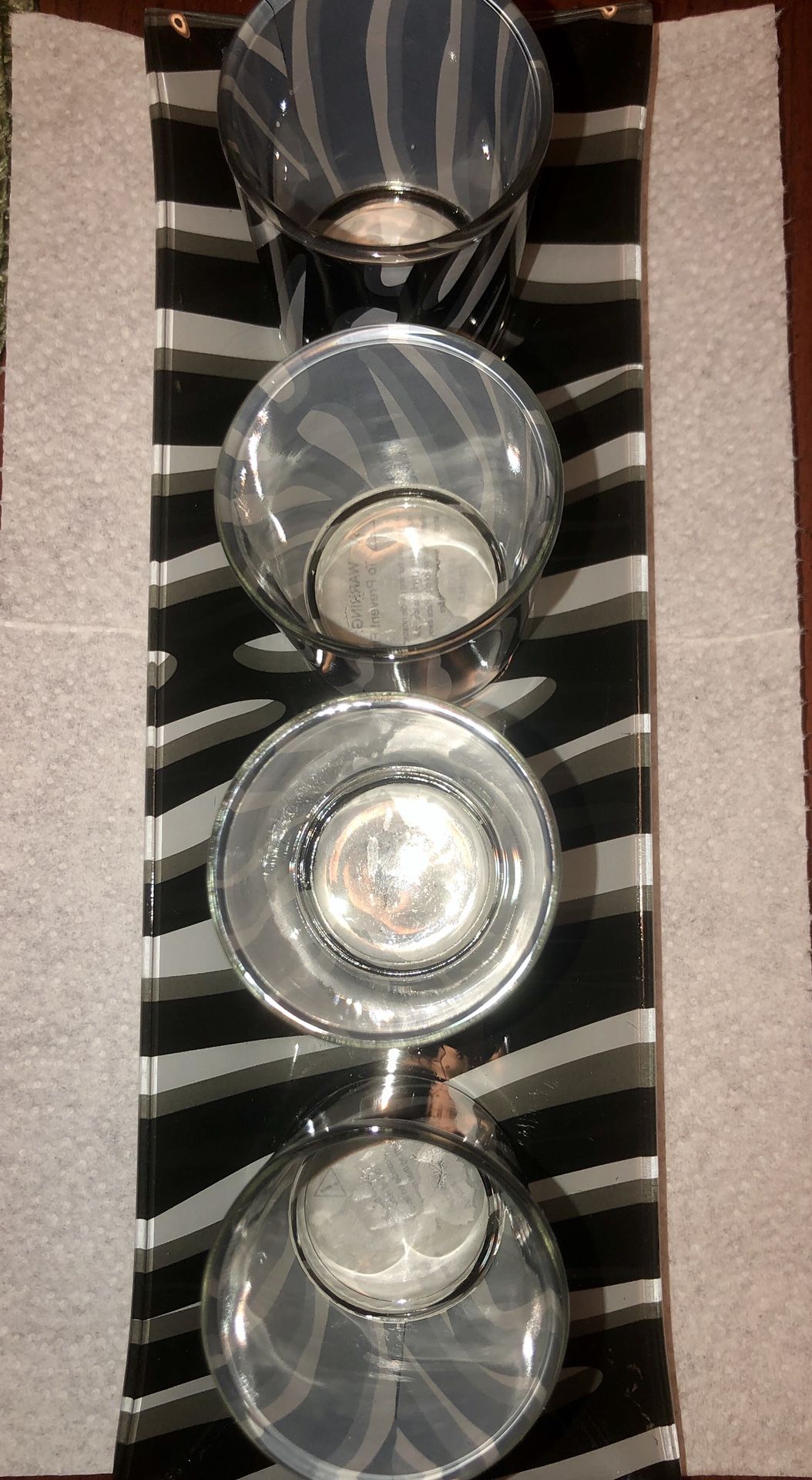 Zebra print glass candle holder set with glass tray