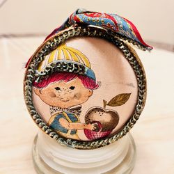 Rare Vintage 1970s Handmade Flat Round Embroidered Ornament Cottagecore Floral Stitch