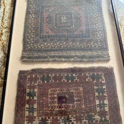 Pair of Antique Baluch Tribal Rug Fragments — Professionally Framed Wall Art