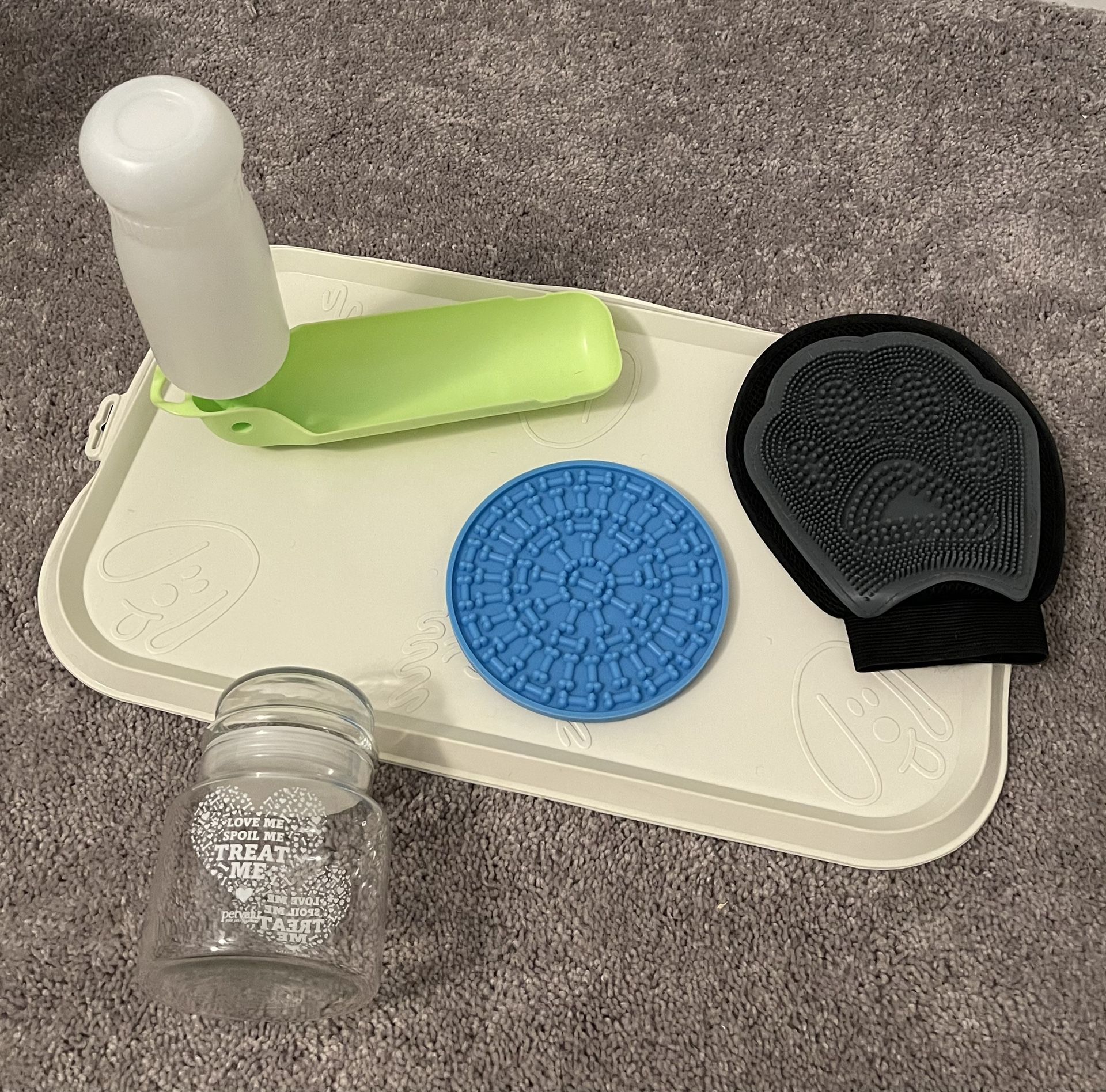 Pet Supplies - food mat, lick pad, travel water bottle/bowl, small treat jar, grooming glove