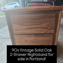 90s Vintage Solid Oak 2-Drawer Nightstand, Bullnose Design- Pristine Condition 