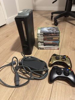 Xbox 360 With 60 GB Attachment, 2 Controllers And 10 Games