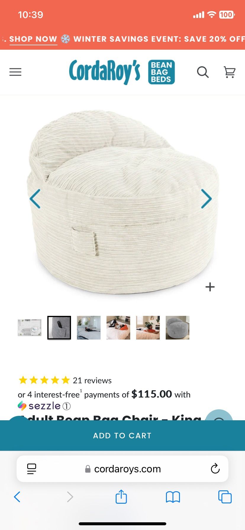 Adult Bean Bag Chair - King - Nest Terry Courduroy