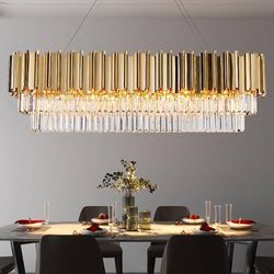 Modern Dining Room Crystal Chandeliers - L46 inch Luxury Gold Chandelier Lights, Rectangle Ceiling P