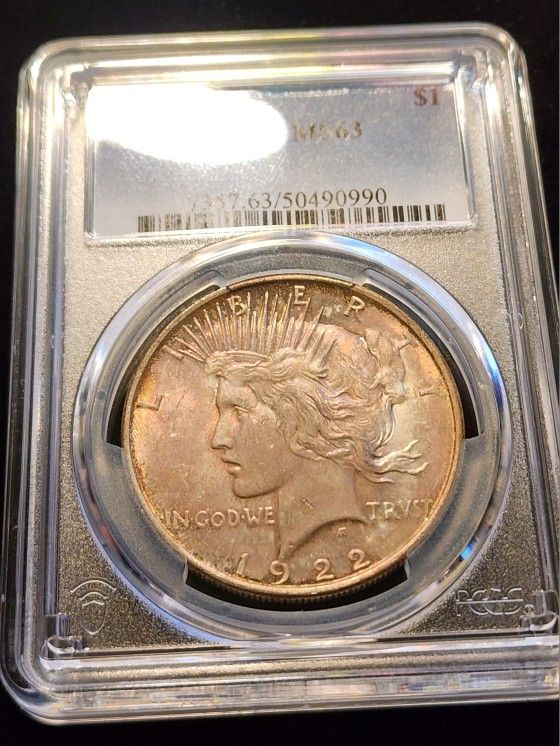 RARE DUAL SIDED PINK TONED PCGS MS63 $1 SILVER PEACE DOLLAR BEAUTY!!
