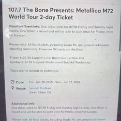 Metallica 2 Day General Admission Tickets