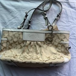 Coach Signature Beige Tote Bag with White Trim