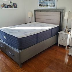 Gray Queen bed frame and mattress