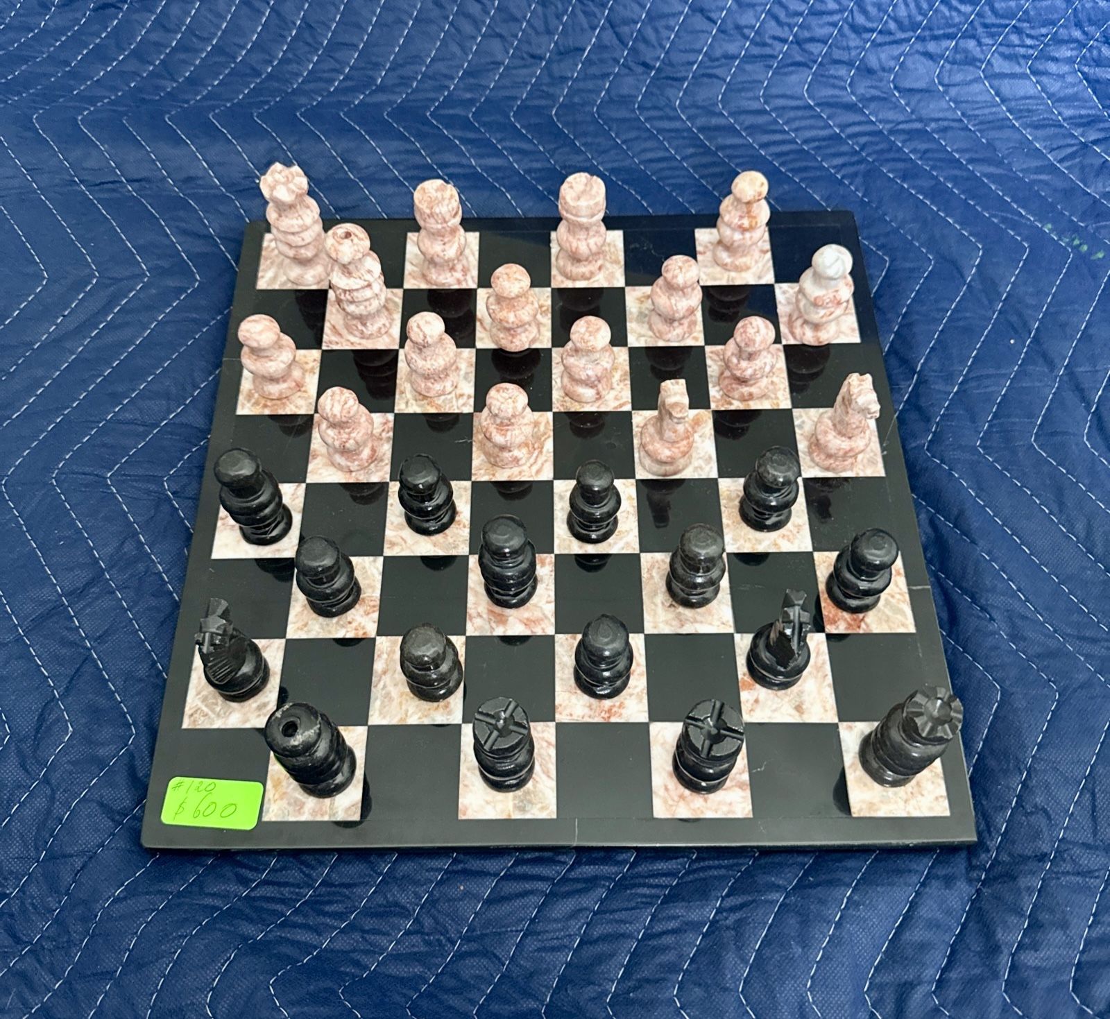 Onyx Marble Chess Set Black Pink Stone Hand Carved Pieces & Board