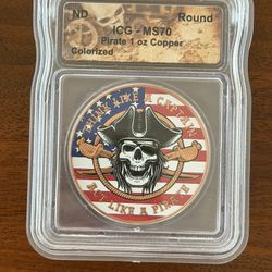 1 oz copper - Colorized Pirate Skull Design By Hayley Bug Mint - ICG Certified  