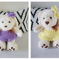 stuffed bunnies with hand-knitted clothes