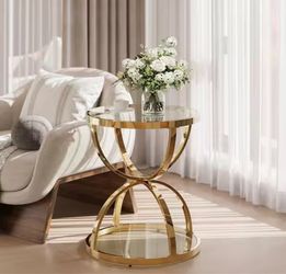 Set of 2 Gold & Glass Round Side Tables / End Tables