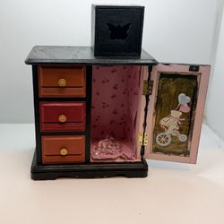 Vintage Hand Painted Coquette Wooden Mini Jewelry Cabinet / Trinket Box