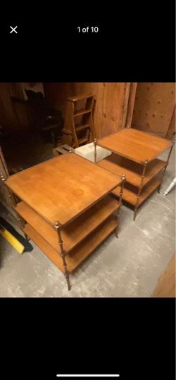 Baker furniture antique, brass, Pair of Wood Two-Tier End Tables