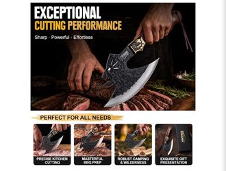 Hand Forged Viking Knife Meat Cleaver, BBQ Butcher Knives with Leather Sheath, Multipurpose Boning Camping Knife for Outdoor Cooking & Kitchen