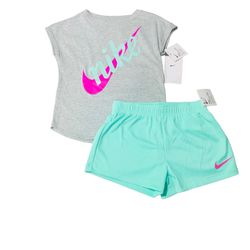 Nike Glitter Tee Shirt & Shorts Set Little Girls Size 6X Pink Mint NWT