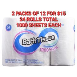 2 Packs Bath Tissue. 24 Rolls Total. $15. 1000 Sheets Each.