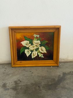Vintage Hand-Painted Floral Canvas Wall Art in Yellow Wood Frame – White Wildflowers (21” x 24.5”)