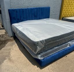 NEW QUEEN AND KING SIZE BLUE VELVET BED WITH MATTRESS AND FREE DELIVERY 