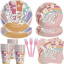 NEW Groovy Baby Shower Decorations, Retro Rainbow Groovy Baby Paper Plates, Plate, Cup, Napkin, Forks, Daisy Hippie Groovy Baby Decorations | Serve 24