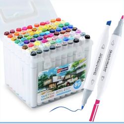 Alcohol Markers, 80 Colors Dual Tip Art Coloring Markers for Adult Coloring Books, Drawing, Sketching, Illustration with Carrying Case-White