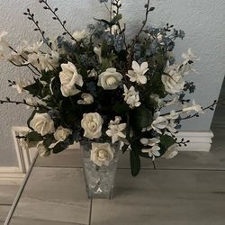 Artificial Flowers In Glass Vase With Large Crystals